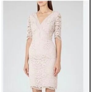 Reiss Dahlia Lace Sheath Dress Womens 8 Pink V-Neck Cocktail Wedding Guest